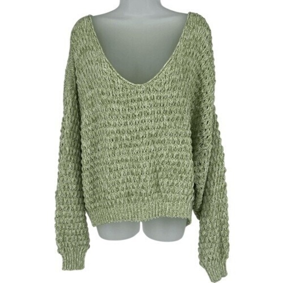 Free People Coconut Open Knit V-Neck Chunky Crochet Sweater Kiwi Cream Size L - Picture 2 of 10